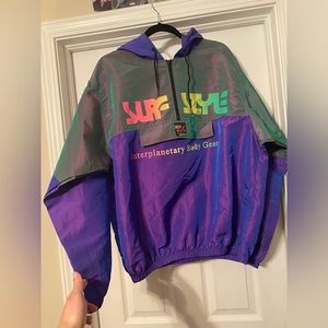 Vintage Surf Style Adult Purple Iridescent Windbreaker Hooded 90's Jacket O/S